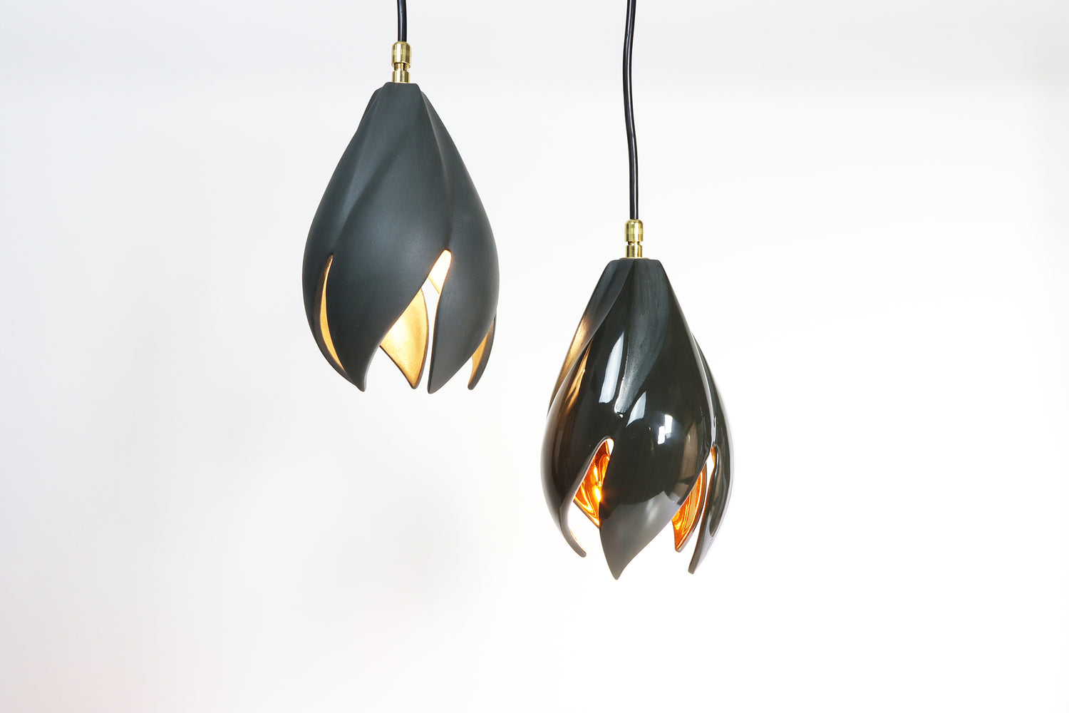 Slate Black Twist Pendants (Small) in matte and gloss, both with copper lustre